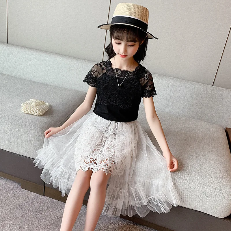 

Summer Girls Clothing Set 2022 Children Fashion Short Sleeves Tops Skirt 2Pcs Kids Outfits Lace Teen Girl Clothes Suit 8 10 Year