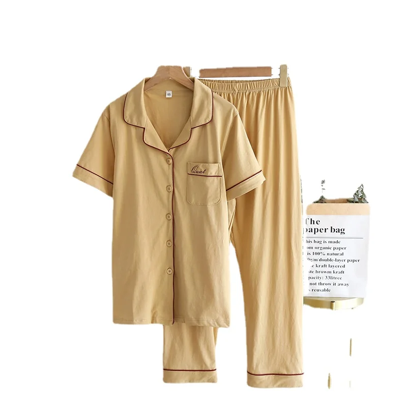 Pajamas for Couple Spring and Summer Suit Solid Color Home Clothes  Simple Japanese Sleepwear Turn-over Collar Casual Cardigan