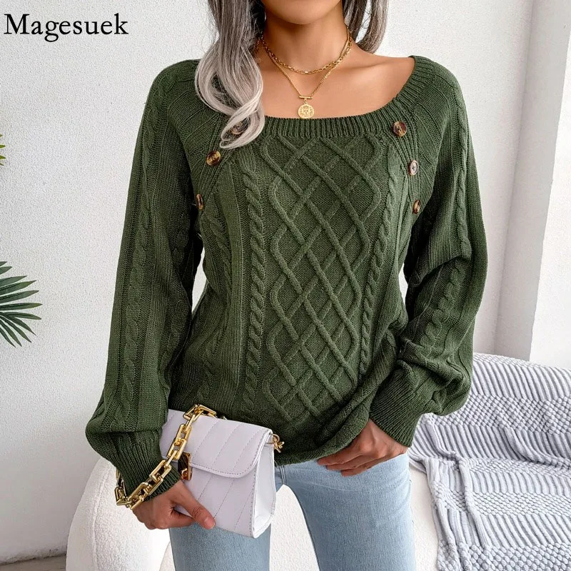 

2022 Casual Pullover Women Knitted Sweater Elegant Square Collar Autumn and Winter Loose Button Long Sleeve Jumper Y2K 23222