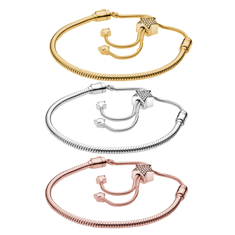 Pandora 925 Серебряный Браслет с Звездой на Подвеске, Регулируемый для Женщин, Подарок на День Рождения, День Матери, Модные Ювелирные Изделия.