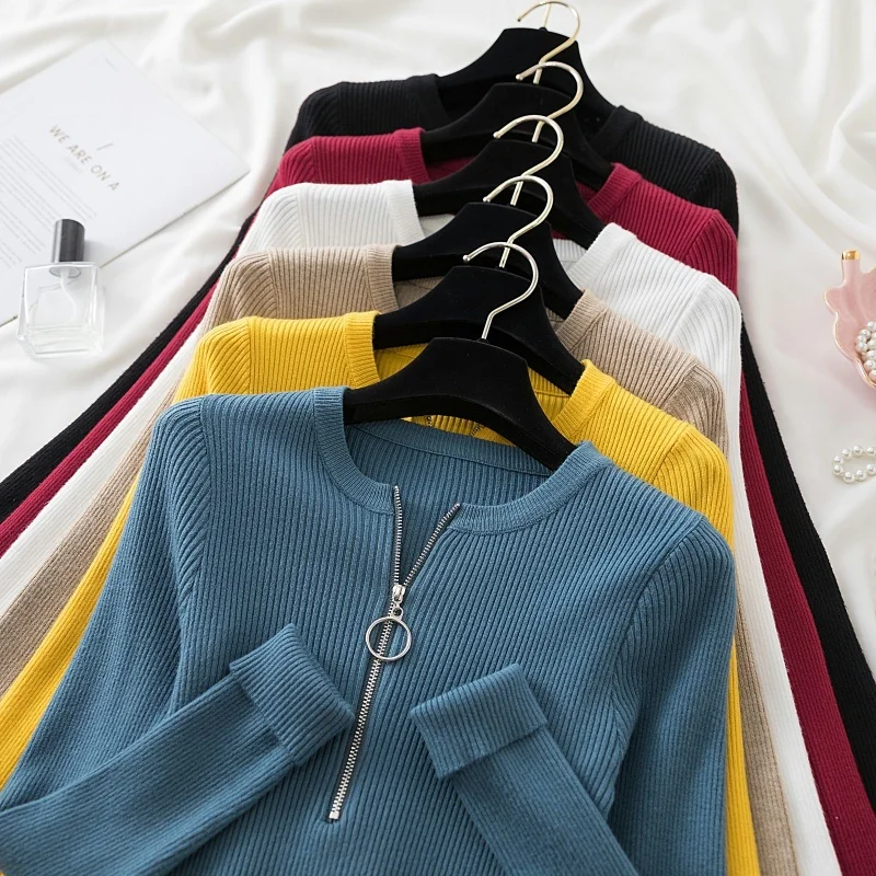 

zipper winter clothes Knitted woman sweaters Pullovers Autumn Winter Basic women's jumper Slim women's sweater pull long sleeve