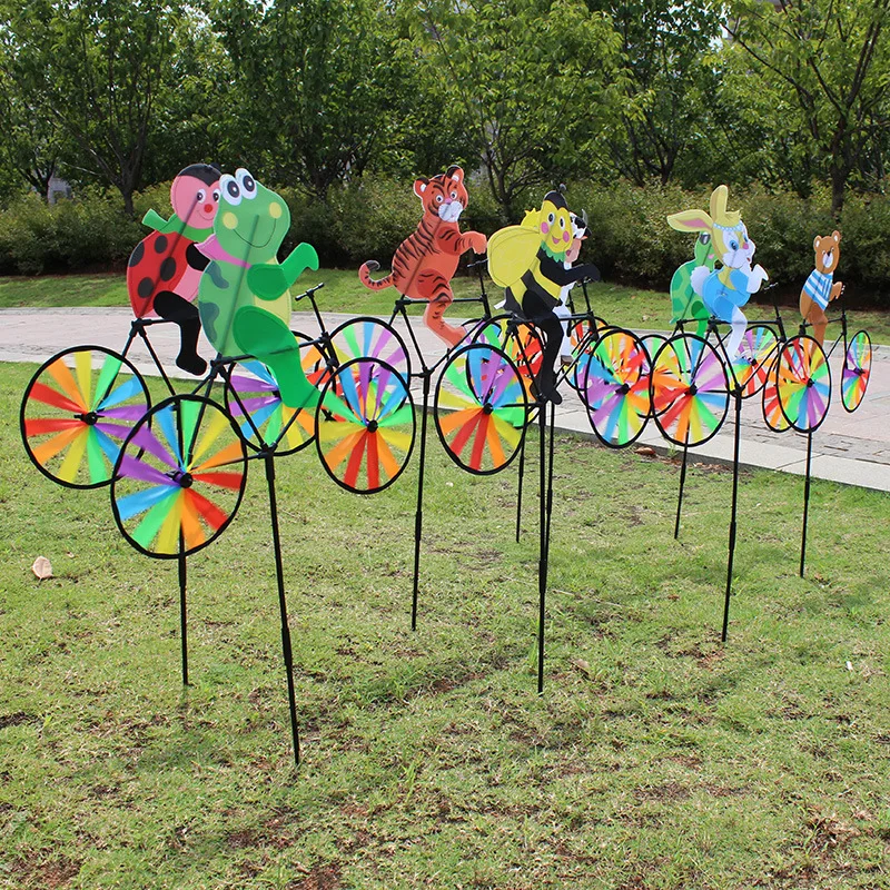 Funny Animal Bike Wind Spinner Kids Outdoor Toys 3D Color Cat Puppy Windmill Outdoor Garden Decoration Home Yard Art Decorations