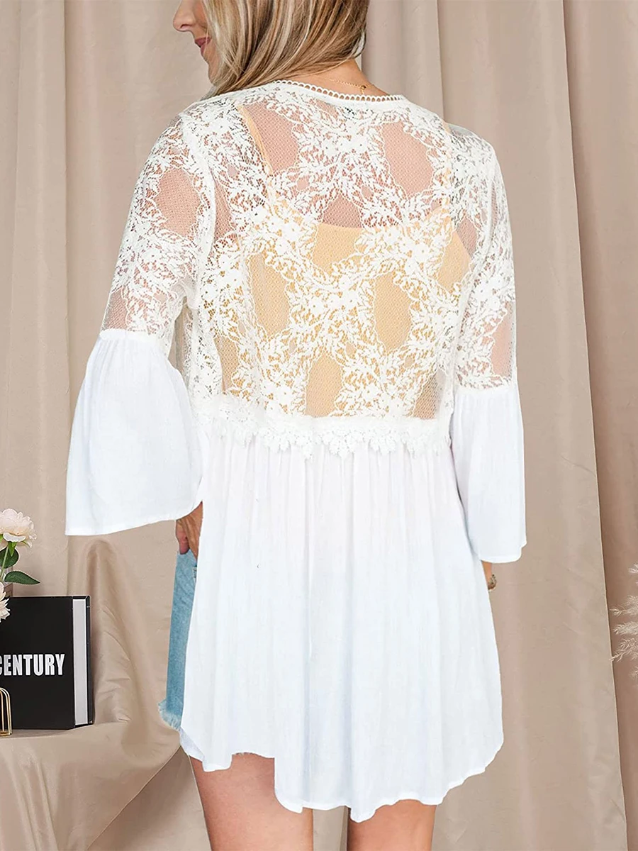 Женский весенне-летний кружевной тонкий кардиган вязаный крючком сетчатый