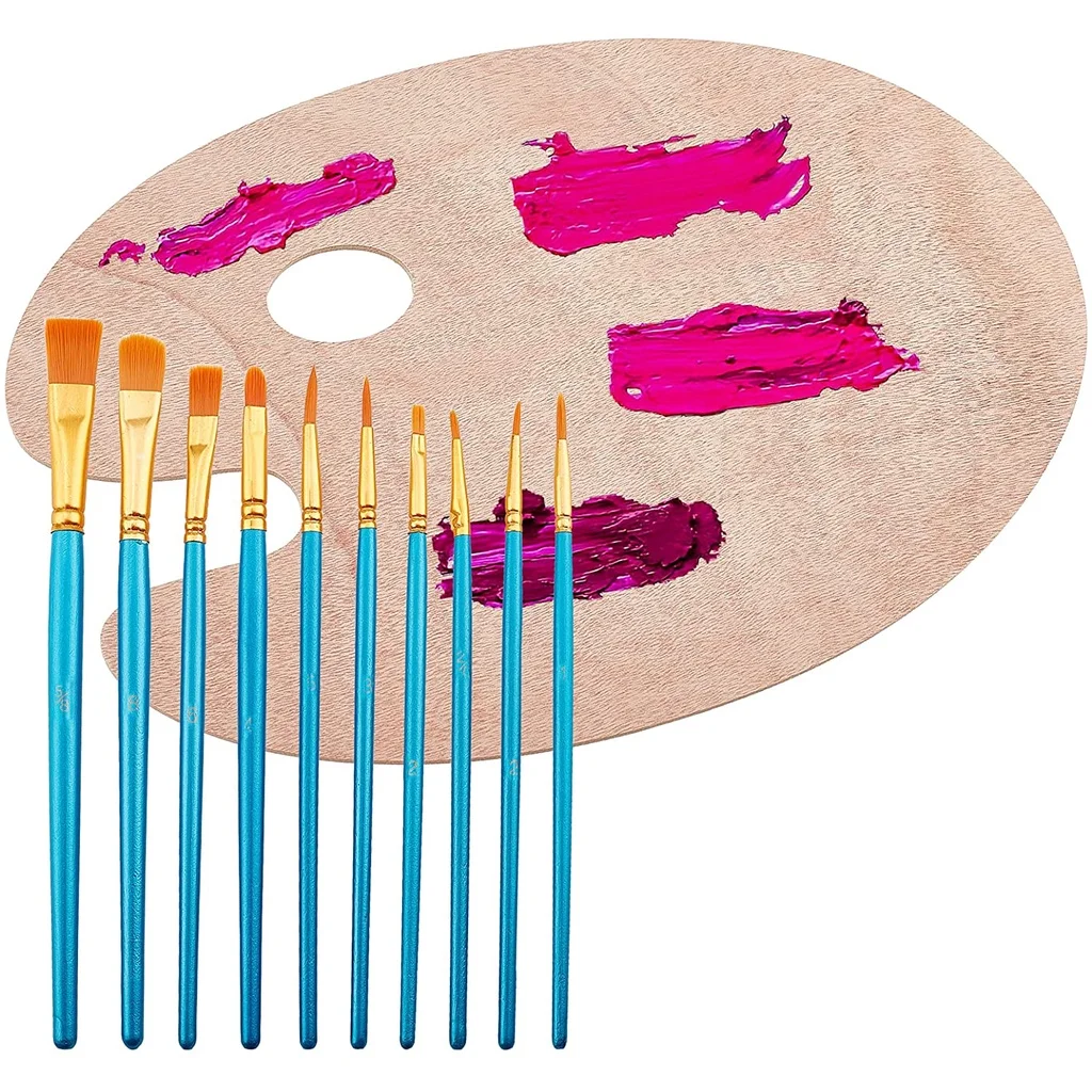 

11pcs Artist Wood Painting Palette Paint Trays Oval Shaped Large Scale Sketchpad with Professional Brush Set Thumb for DIY