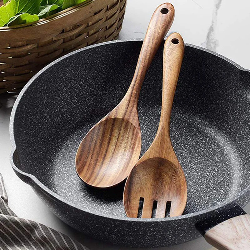

2Pcs Wooden Salad Spoon Set Large Salad Serving Spoon Fork Wood Kitchen Utensils Salad Server Mixer Soup Spoon Ladle Tableware