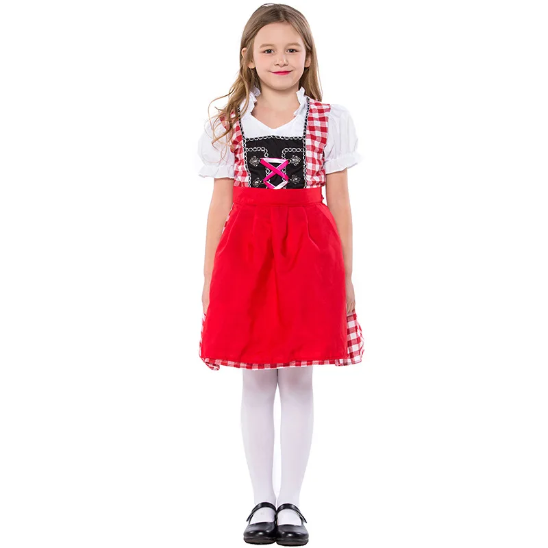 

Girl German Bavarian Traditional National Dress Red Grid Puff Sleeve Dress Apron 2Pcs Set Munich Beer Festival Carnival Costume