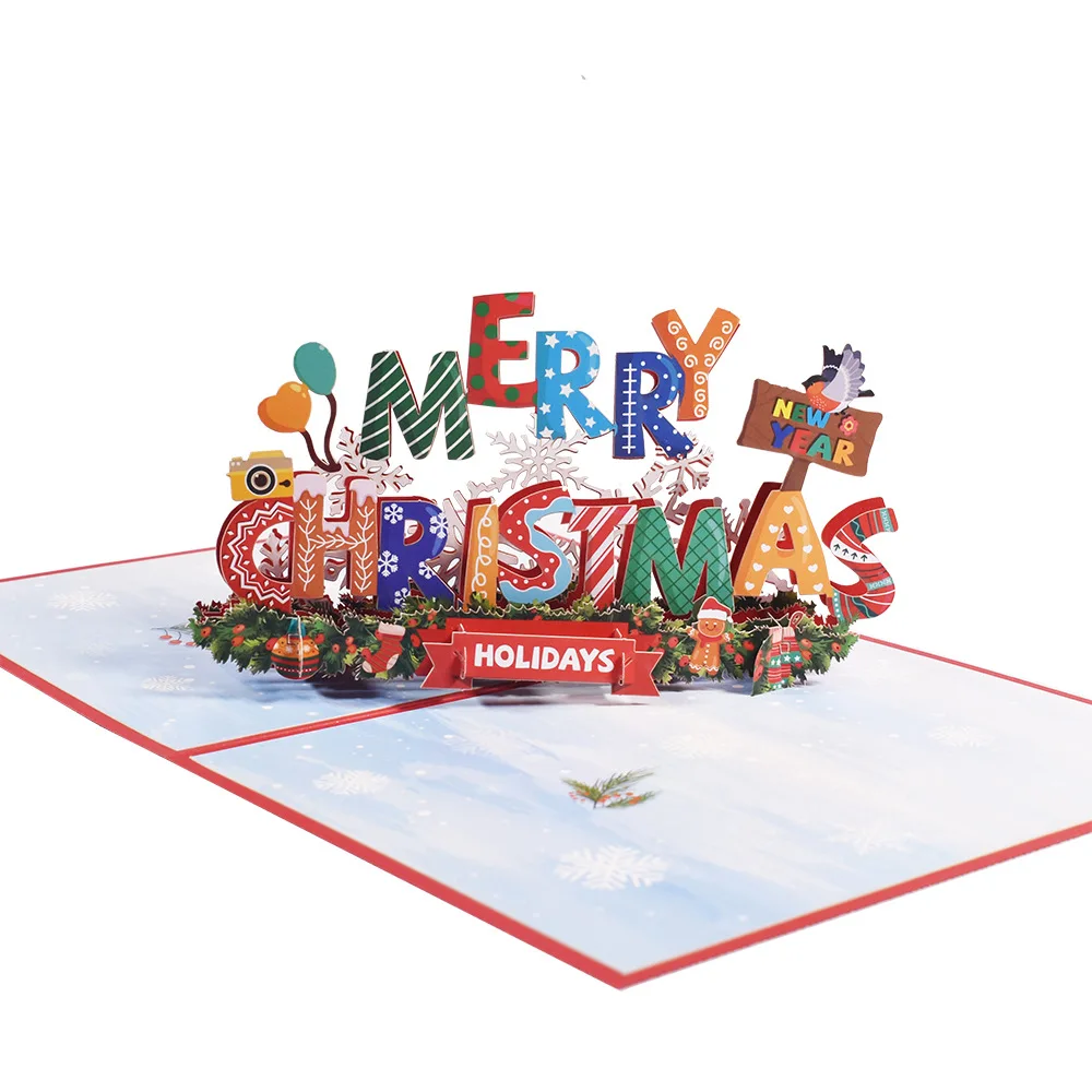 

2022 New Creative 3D Greeting Cards Holiday Blessings Handmade Cards Color Printing Christmas Words Decoration