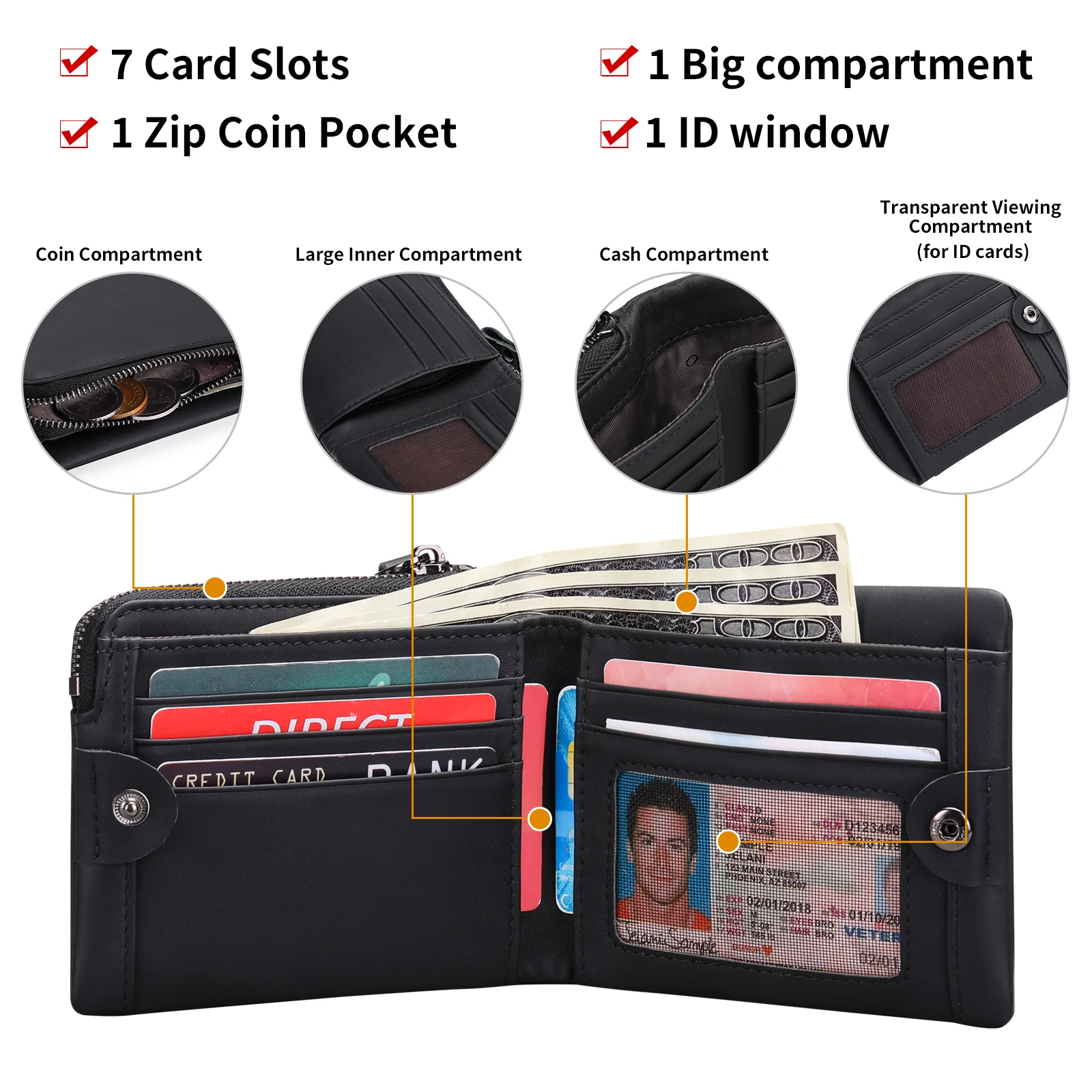 Luxury Genuine Leather Mens Purse Male Zipper Card Holders with Coin Pocket Rfid Wallets Gifts for Men Money Bag