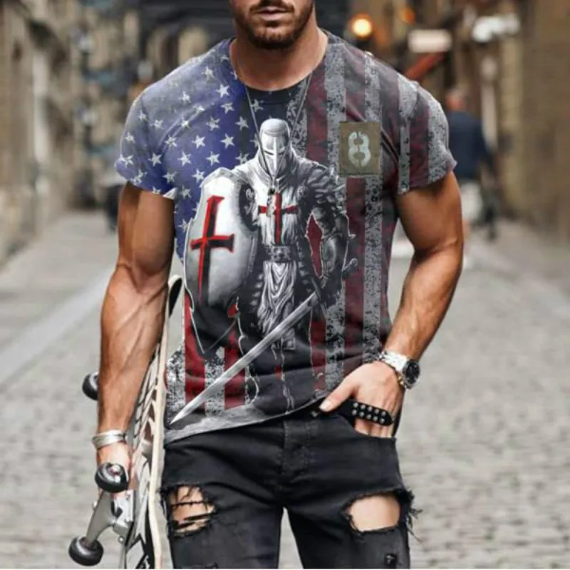 

2022 Summer New 3D Paladin Print Personality Design Fashion Men's Casual Round Neck Pullover T-Shirt