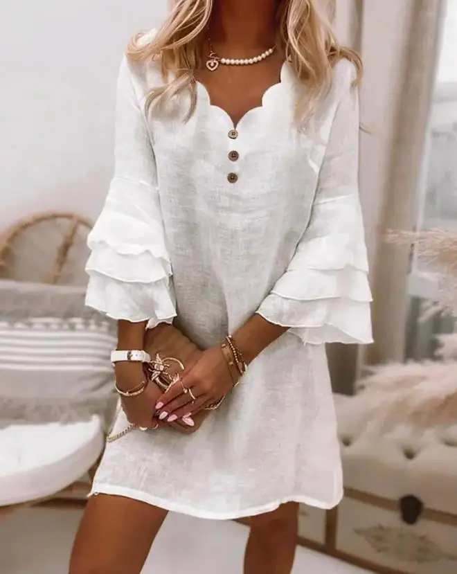 

Vacation Scallop Trim V-Neck Bell Sleeve Casual Dress for Women Plain Straight Button Design Summer Fashion Mini White Dresses