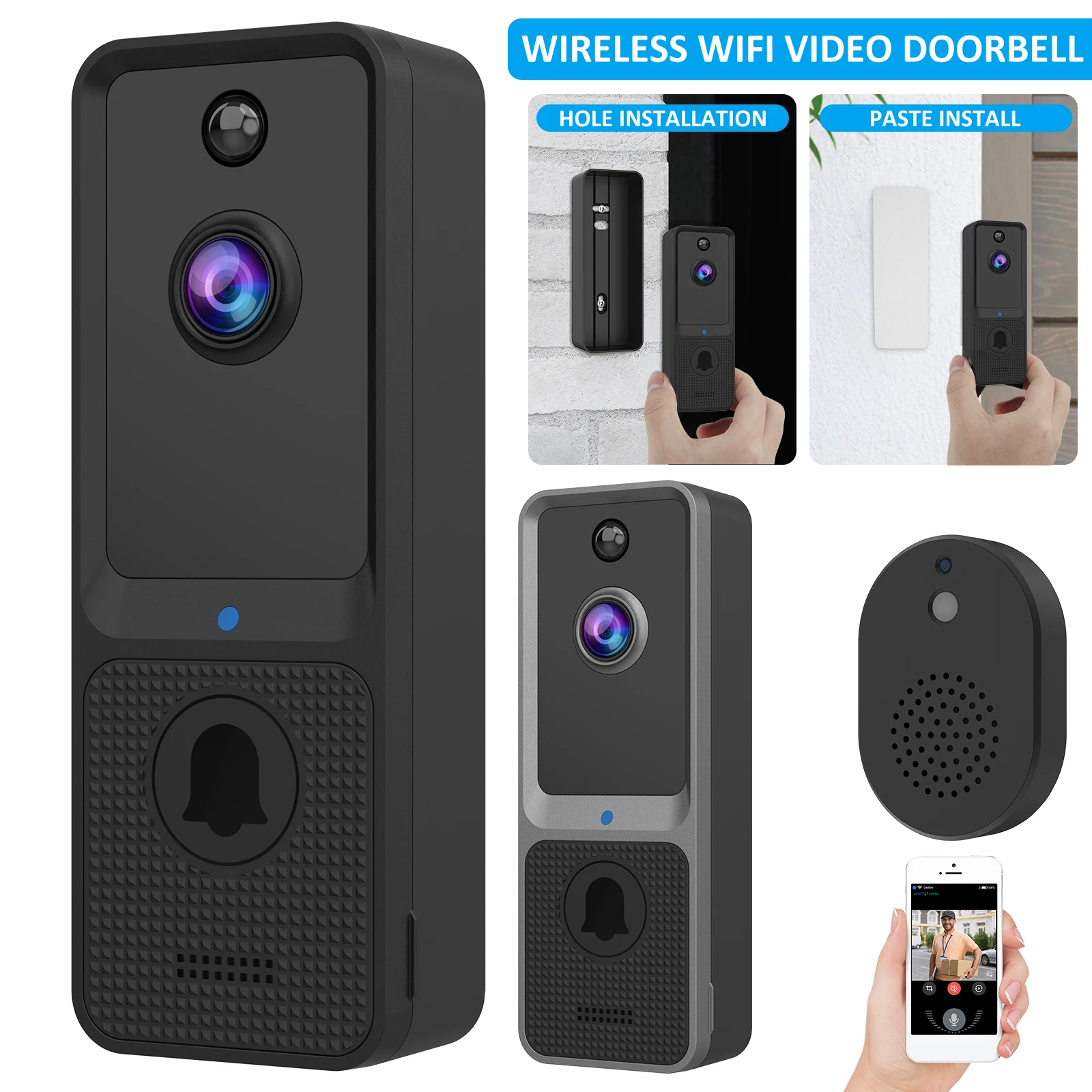 

Video Doorbell 2.4G WiFi 1080P HD IP65 Waterproof Night Vision Wireless Doorbell Camera Battery Powered Motion Detection Visual