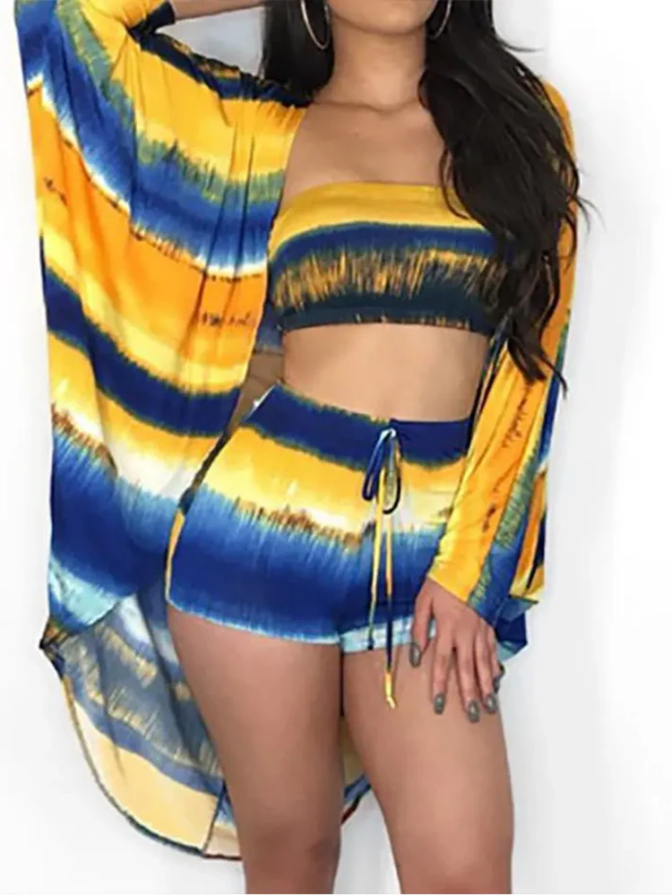 

Shein Romwe 2022 Summer Tie Dye Print Bandeau Crop Top & Shorts Set With Cover Up Of Two Fashion Casual Pieces For Women