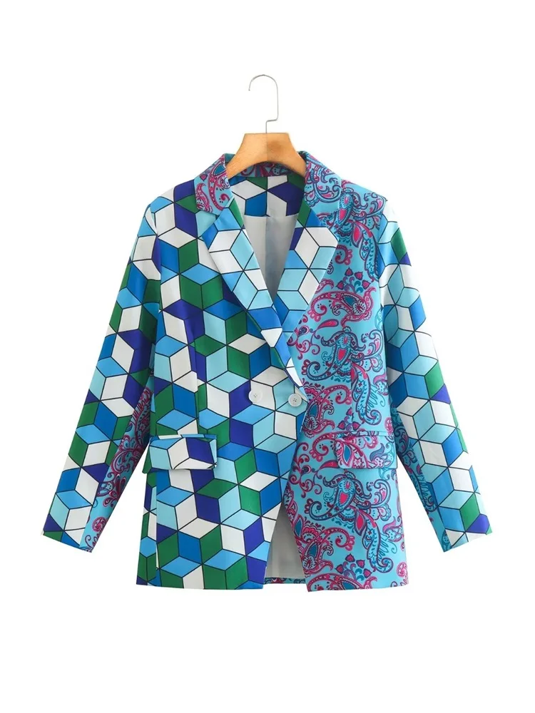 

MESTTRAF Sexy 2022 Women Printing Crossover Double Breasted Blazer Coat Vintage Long Sleeve Patch Pockets Female Outerwear