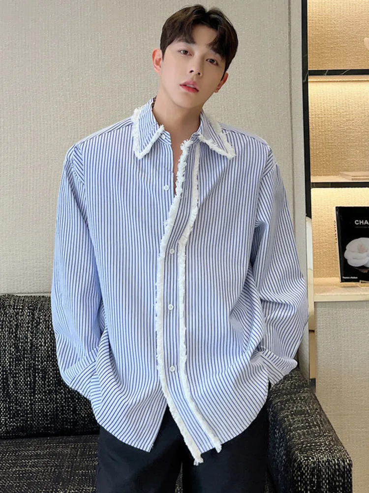 

SYUHGFA 2022 Spring Autumn Lapel Vintage Stripe Long Sleeve Shirt For Men Loose Casual Korea Style Shirt Tops Men Clothing