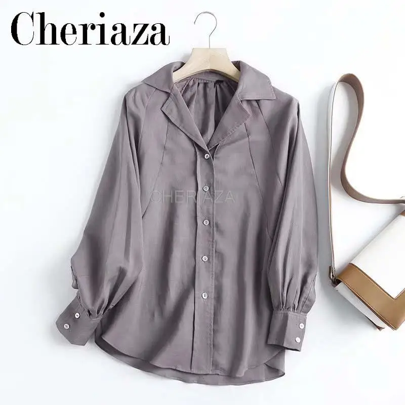 

CHeriaza Spring/Summer New European and American Style Solid Standing Neck Large breasted Lantern Sleeve Loose fitting Shirt