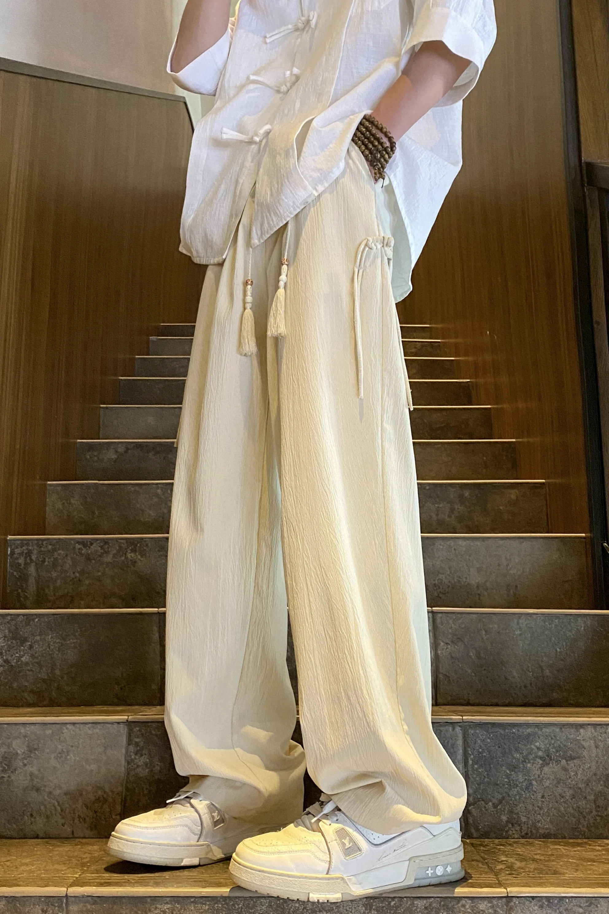 Летние новые дизайнерские Свободные повседневные брюки с китайской лентой