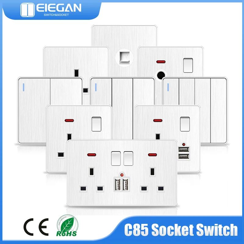 

PSSRISE C85 Series EU/UK/UN Wall Switch High Power Socket USB 250V Deluxe Brushed PC Panel 45A Water Heater Switch Lamp On/Off