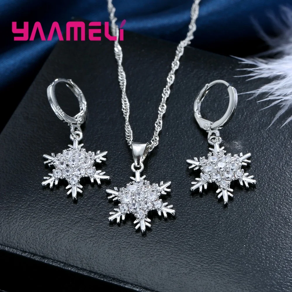Женский Снежинка Huggie Earrngs ожерелье набор Настоящее серебро 925 пробы ювелирные