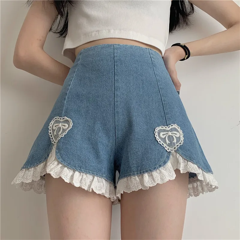 Sweet Kawaii Shorts Women Harajuku Cute Lace Ruffles Denim Short Pants Japanese E Girls Sexy Punk High Waist Shorts 2021 New