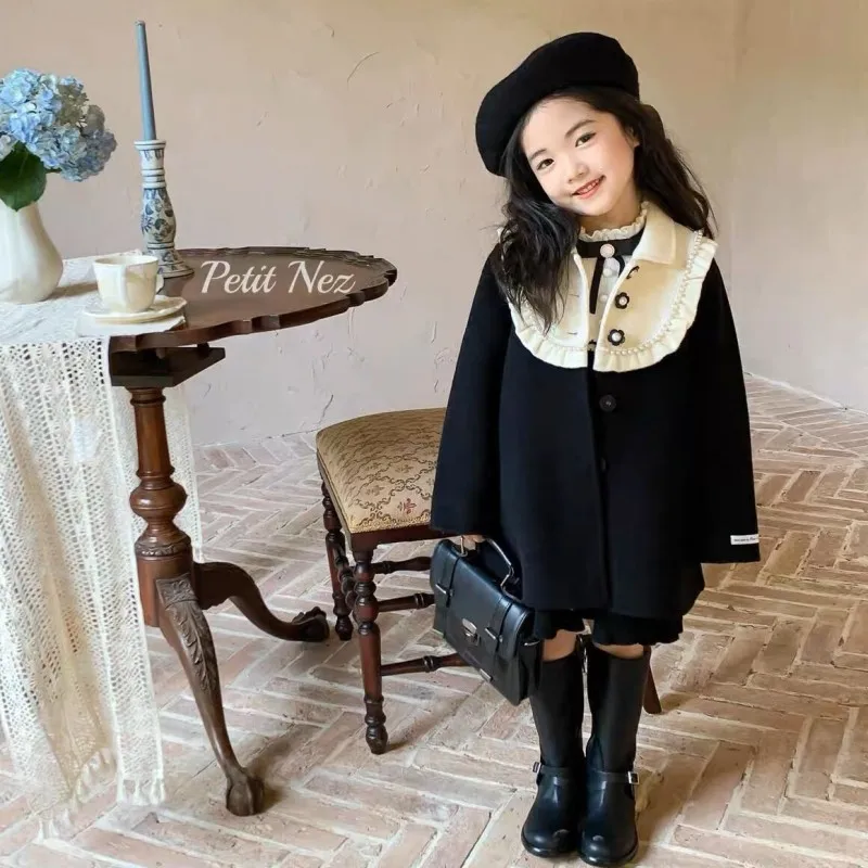 

Girls Woolen Coat Jacket Cotton Outwear Overcoat 2023 Black Warm Thicken Plus Velvet Winter Autumn Teenager Children's Clothing