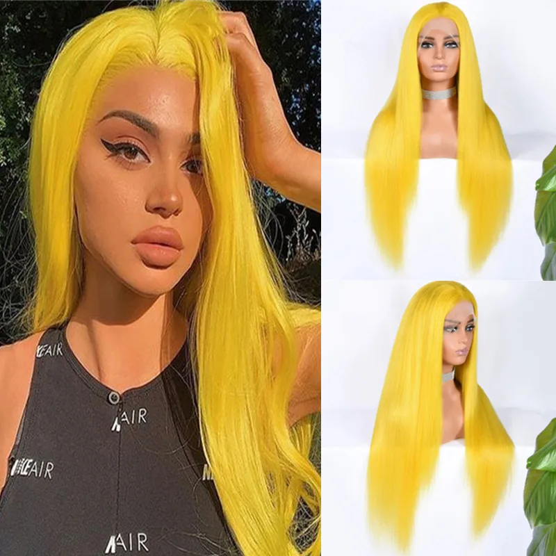 

26Inch Yellow Silky Straight Preplucked Soft 180%Density Long Natural Hairline Glueless Lace Front Wig For Women Babyhair