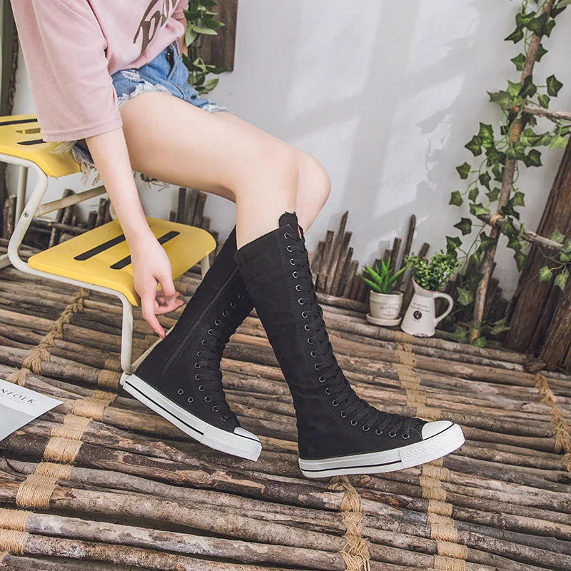 2021 New Spring Women Canvas Casual High Top Shoes Long Boots Lace-Up Zipper Comfortable Flat Female Autumn High Boots Sneakers