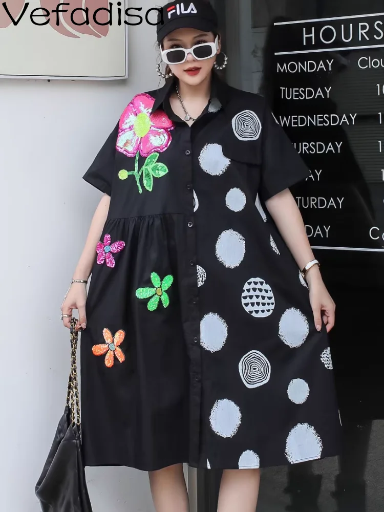 

Vefadisa 2023 Summer New Women Sequin Print POLO Collar Shirt Dress Shirt Flower Personalized Girl Over Knee Shirt Dress ZY1709