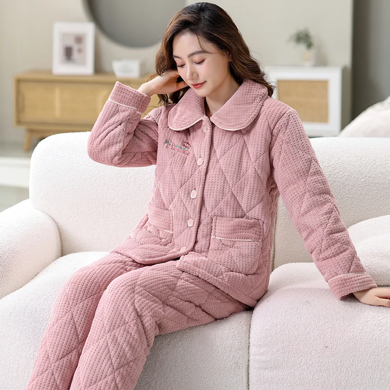 Зимние толстые стеганые Женские Дизайнерские комплекты для сна топы и низ