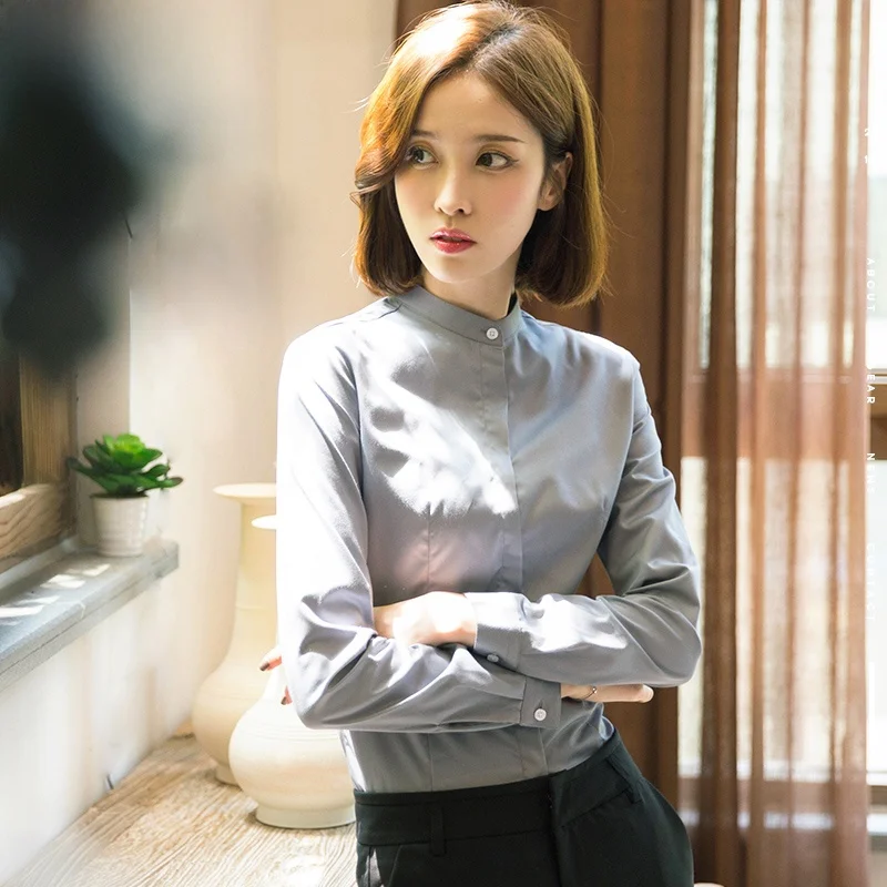 White Shirt Women's Long-Sleeved Work Clothes Professional Stand Collar Fleece-lined Cargo Gray 2024 Spring Design Sens...