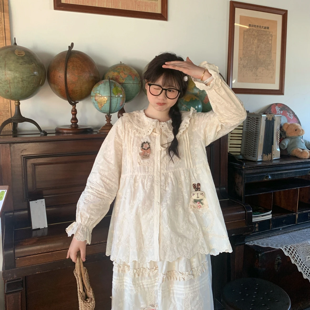 Женская шикарная милая хлопковая плиссированная кружевная рубашка в стиле ретро