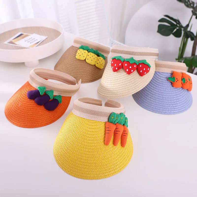 

Cartoon Friuts Children Empty Top Straw Hat Summer Peaked Visor Cap Kids Boy Girl Outdoor Travel Beach Big Brim Sunscreen Sunhat