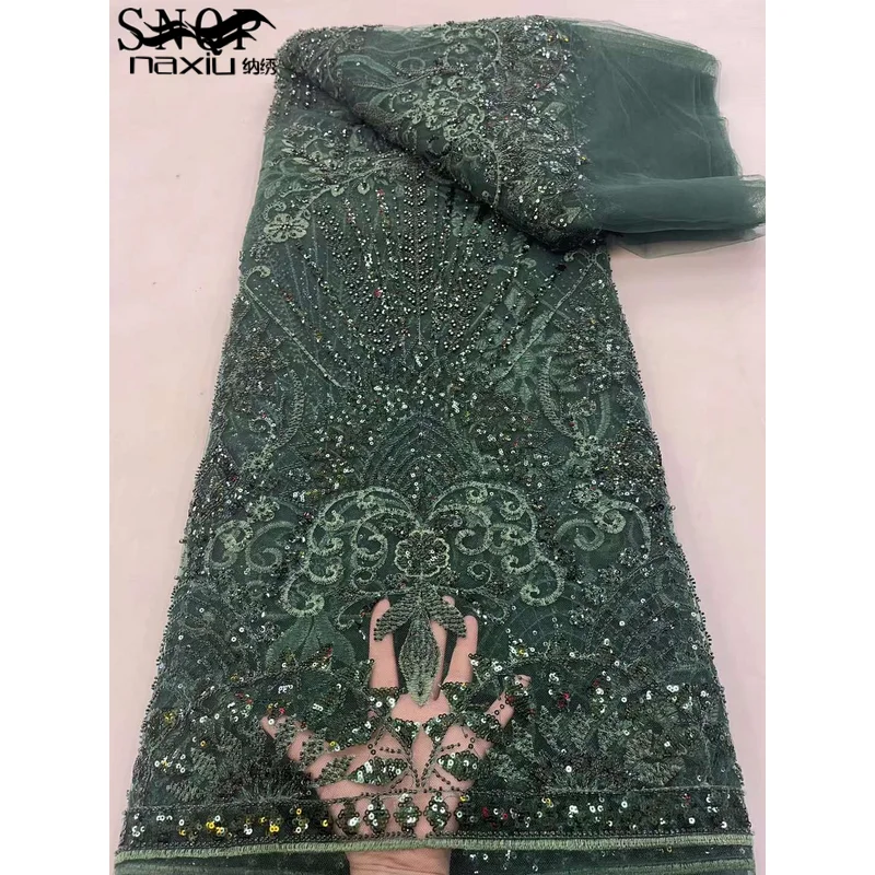 

5 Yards Tulle Net AFrican Lace Fabric Beaded Lace 2022 High Quality Red Nigeria Sequin Fabrics for Wedding Evening Dress On Sale