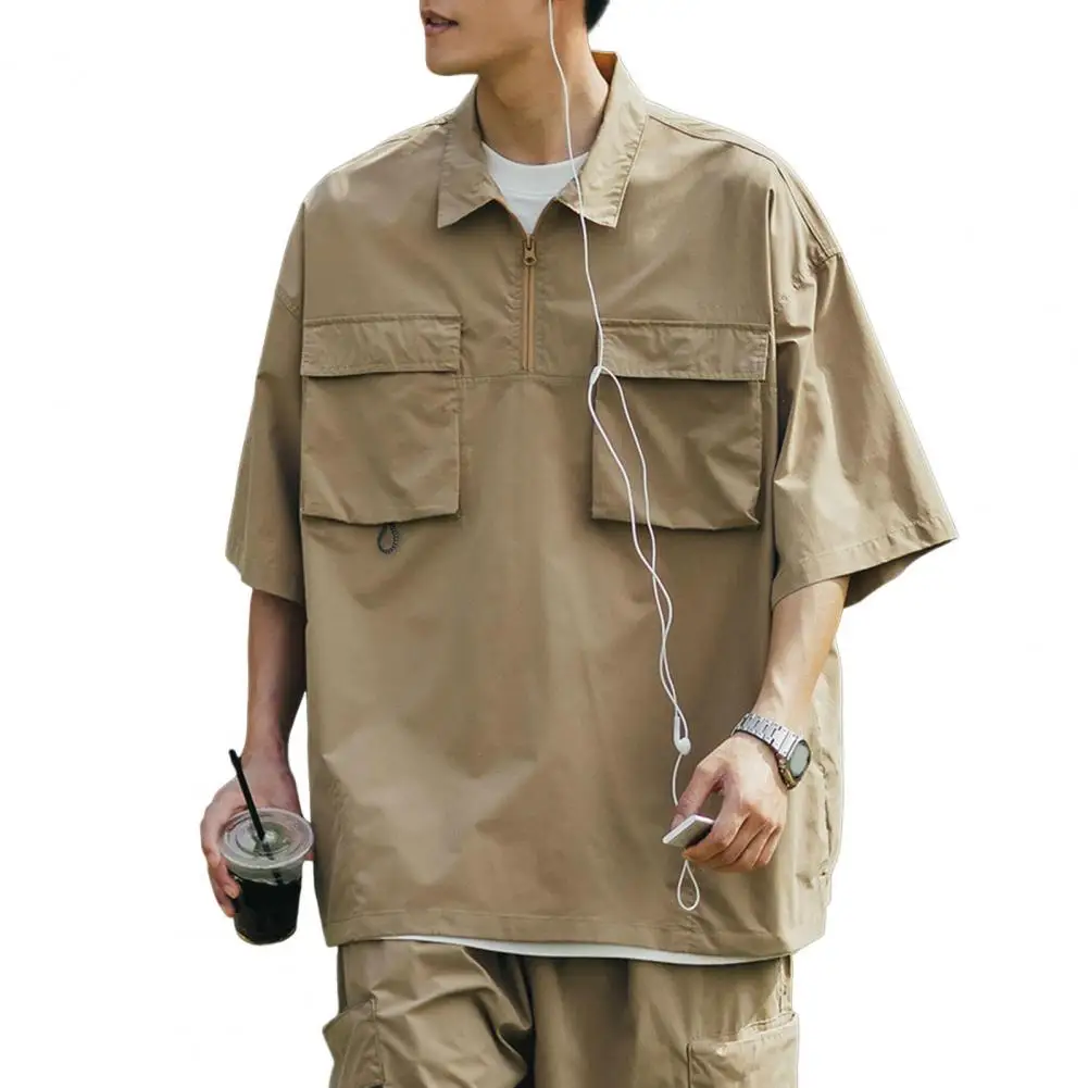 Рубашка мужская с карманами Свободная блуза полурукавами отложным воротником на