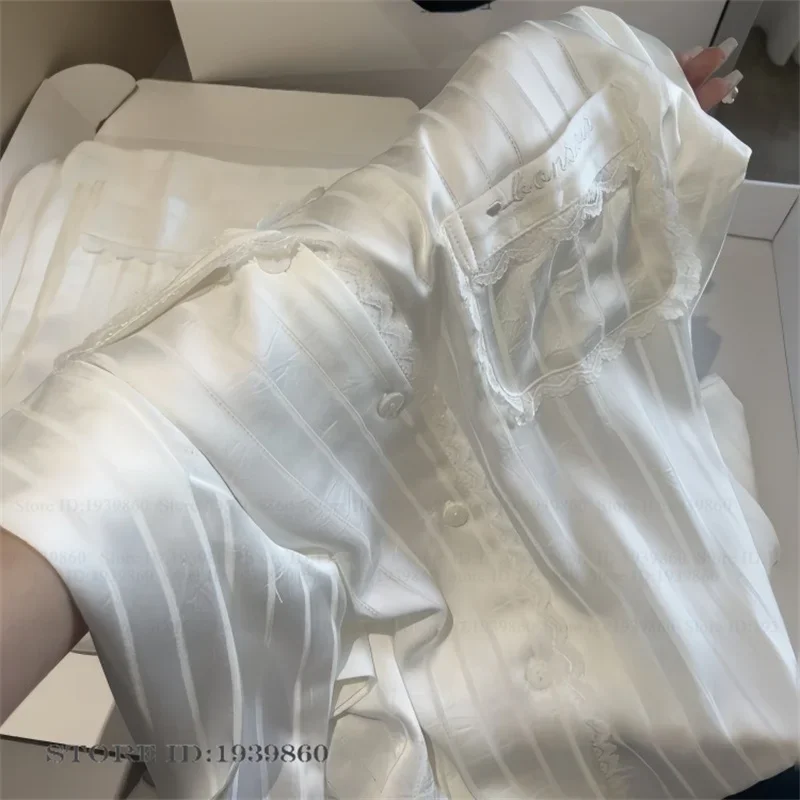 Фото Женский пижамный комплект в розовую полоску, элегантная одежда для сна с кружевной отделкой, брючный костюм с длинными рукавами, свободная повседневная домашняя одежда из шелкового атласа №5