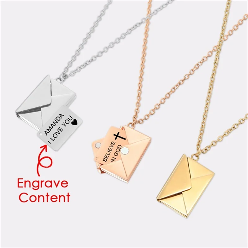 

Custom Envelope Black Text Necklace Stainless Steel Jewelry Personalized Love Confessions Card Necklace Women Bride Gifts