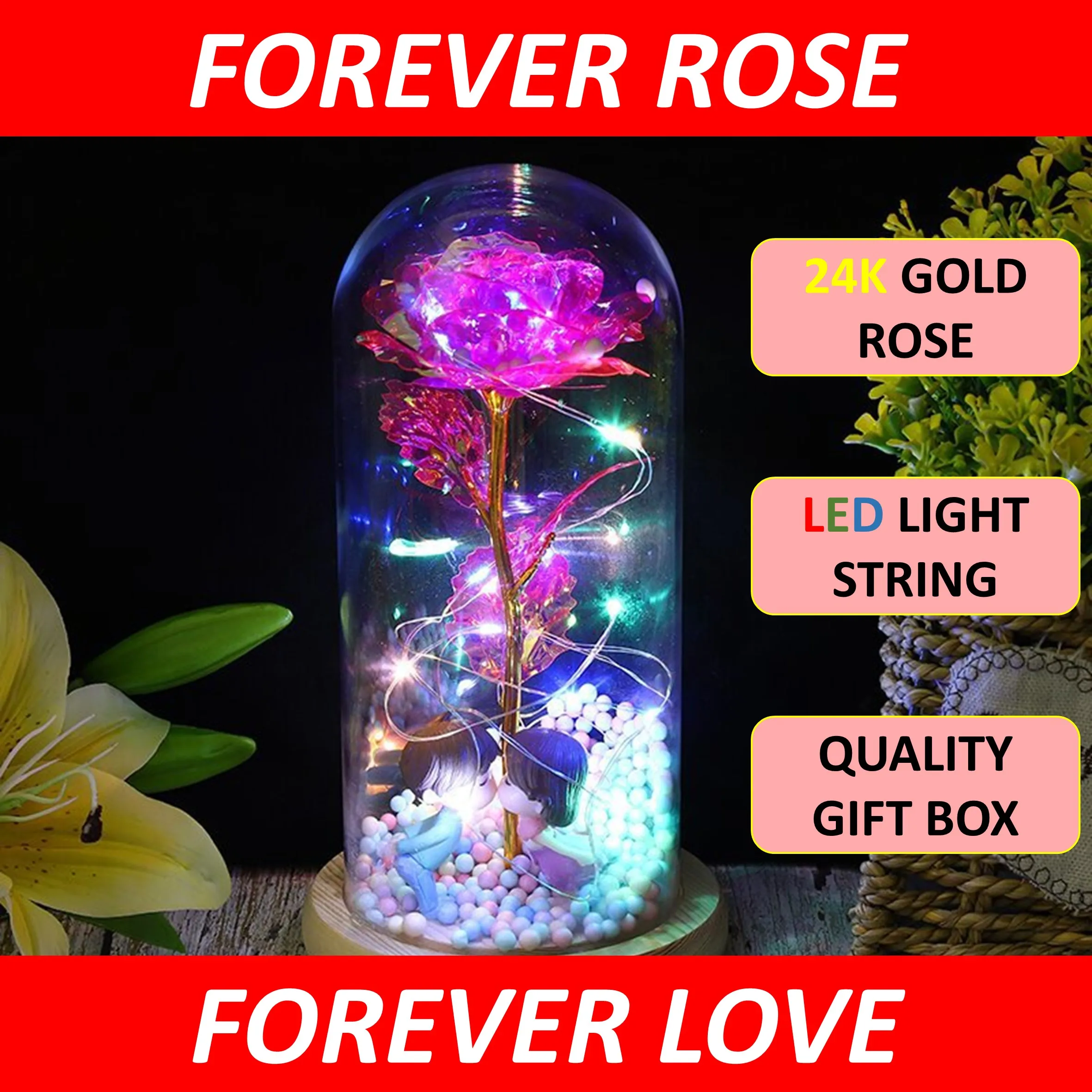 

Eternal Red Rose In LED Glass Dome Gold Foil Flower Forever Rose New Year Valentine's Day Mothers Day Gift For Girlfriend Lover