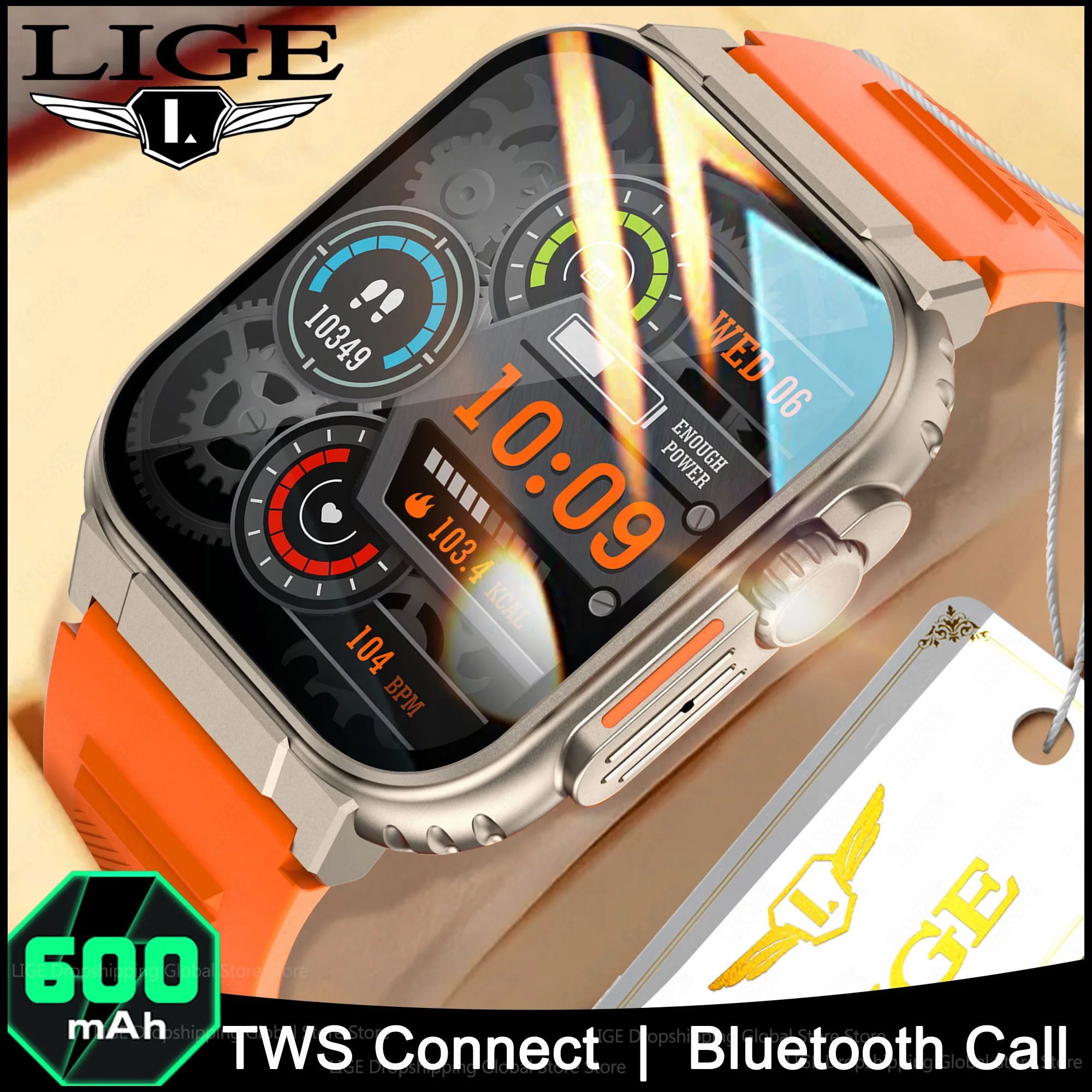 

LIGE 600mAh Battery Watch Men Smart Watch Bluetooth Call Smartwatch Connect TWS Music Fitness Sports Clock 1.96 Inch HD Screen
