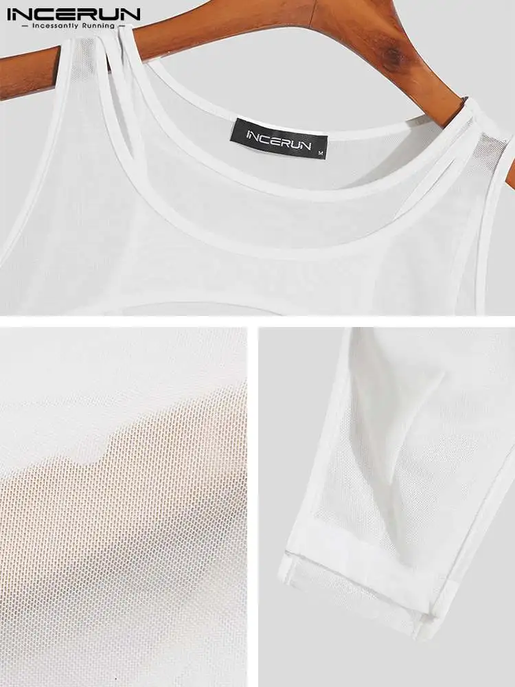 INCERUN Casual Loungewear New Men Hollow See-through Mesh Bodysuit Stylish Stretch Long-sleeved Off-the-shoulder Jumpsuits S-5XL