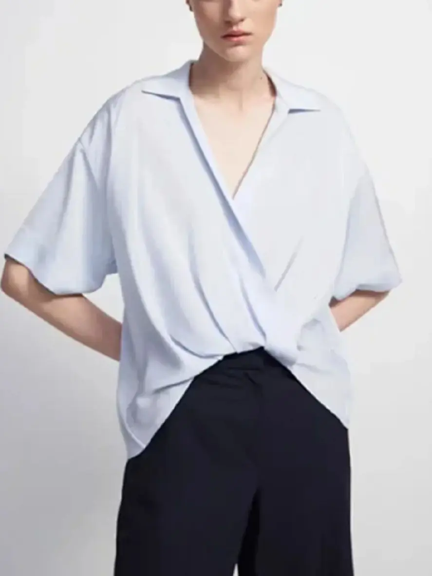 

Women Shirt Silk Cross V-neck Short Sleeve Solid Color Office Lady Blouse