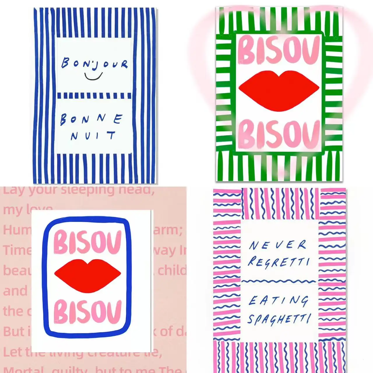 Эклектическая Большая Розовая Французская Цитата Bissu Bonjour Постер С Принтом На