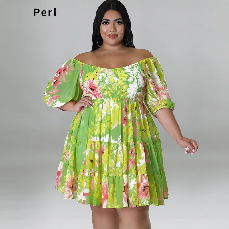 

Perl Slash Neck Printed Dress Plus Size Women's Clothing Short Sleeve High Waist Skirt for Ladies Vestidos Largos Talla Grande