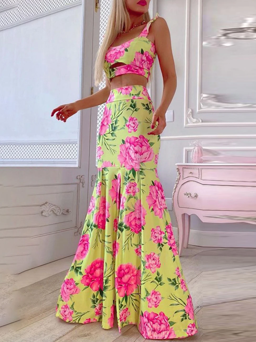 

two piece set party wear floral cropped top & maxi skirt Sets women summer sets suits 2022 new