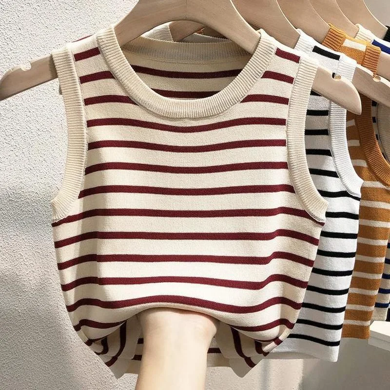 

YEMOGGY Striped Knit Camisole Women Sleeveless Versatile Ice Silk T-shirt for Women Summer Tank Tops 2022 new Casual Slim Vest