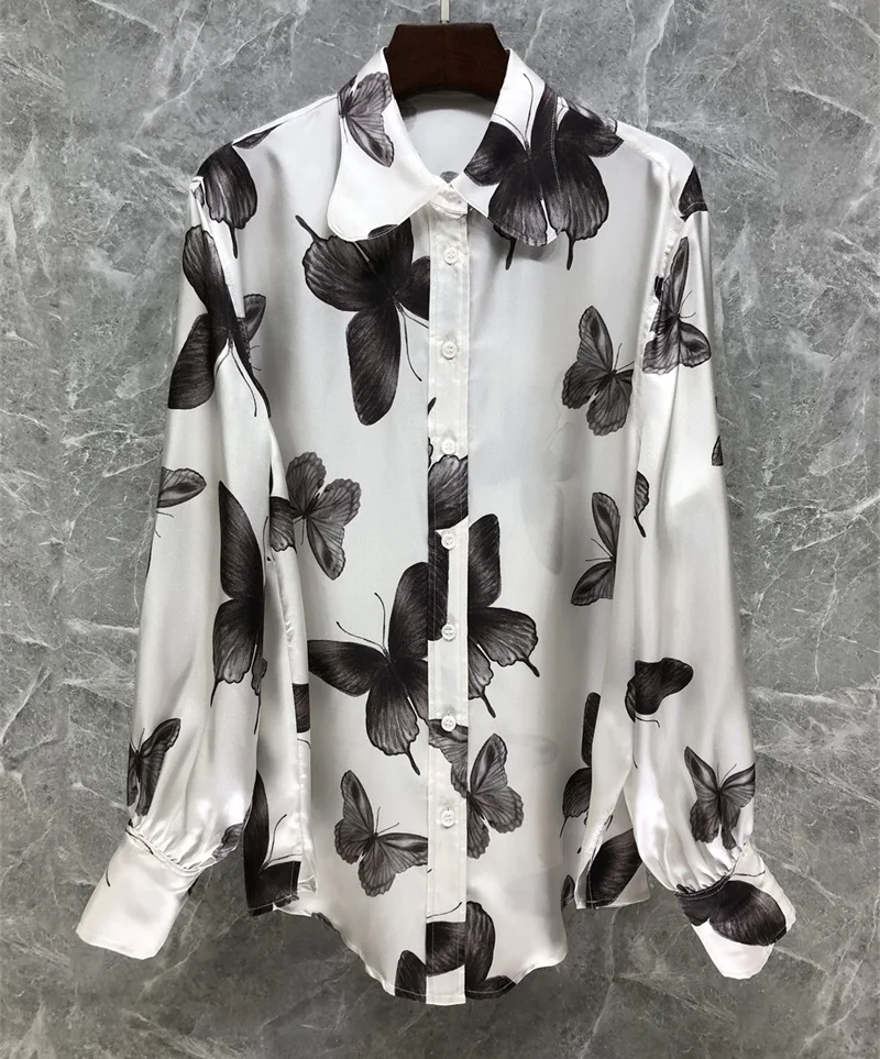 Top Quality Silk Blouses 2023 Spring Summer Style Women Turn-down Collar Butterfly Prints Long Sleeve Casual White Black Shirts