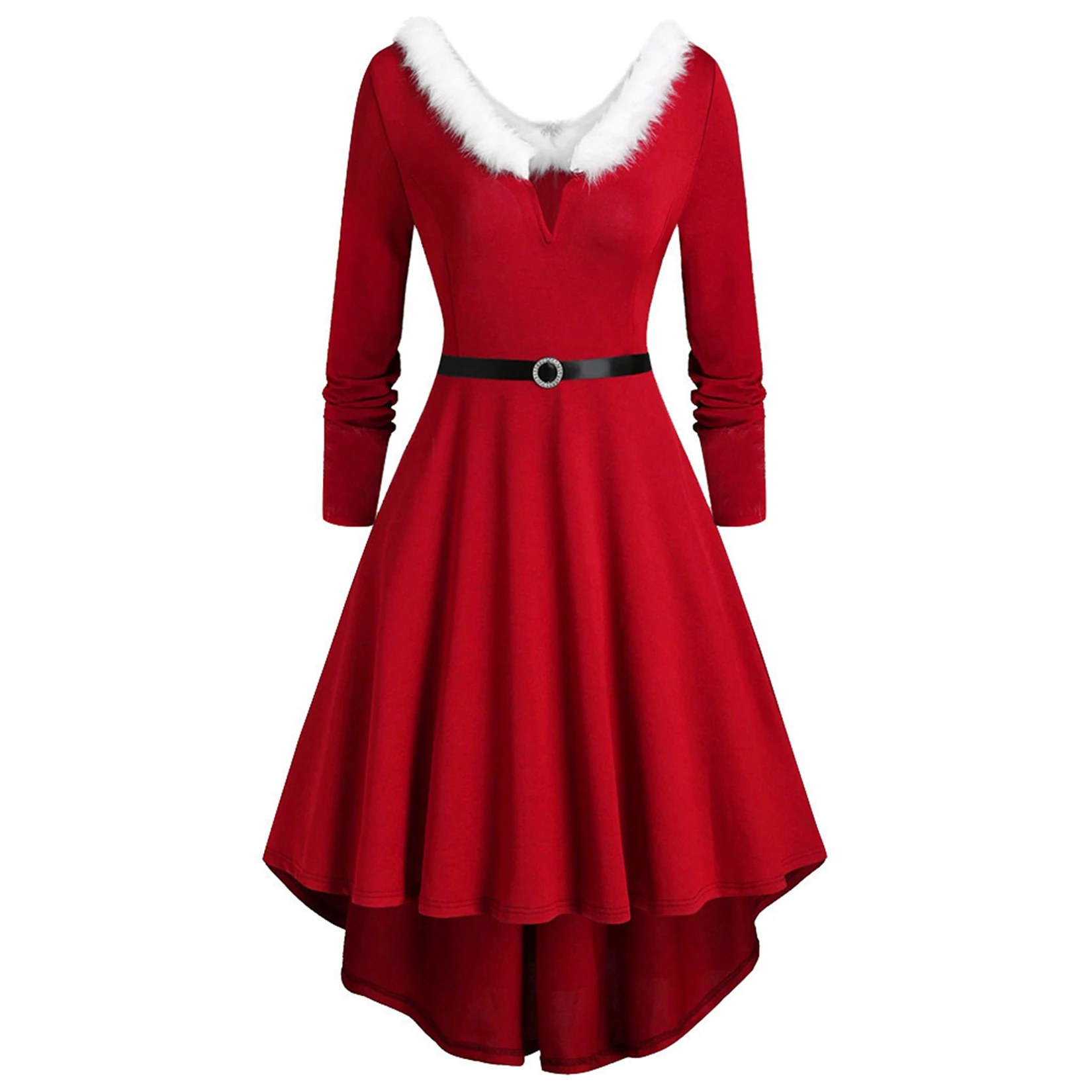 

Christmas Dresses Furry V Neck Tunic Dress Irregular Hem Long-sleeved Pleated Dress A-LINE Knee-Length Dress for Women