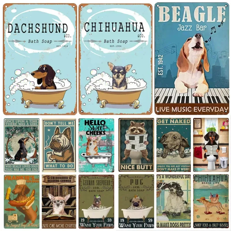 Фото Такса, металлическая жестяная вывеска, ванна, собака, чихуахуа, постер, ретривер, ретро-доска, художественная ванна, пение, бигль, туалет, бар, декор для ванной комнаты №1