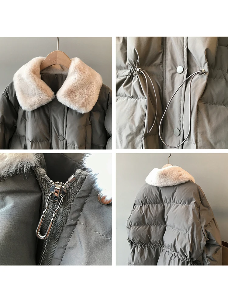 QOERLIN Imitation Rabbit Collar Winter Thicken Long Trench Winter Mid-length Waisted Keep Warm Down Coats Women Zipper Parkas