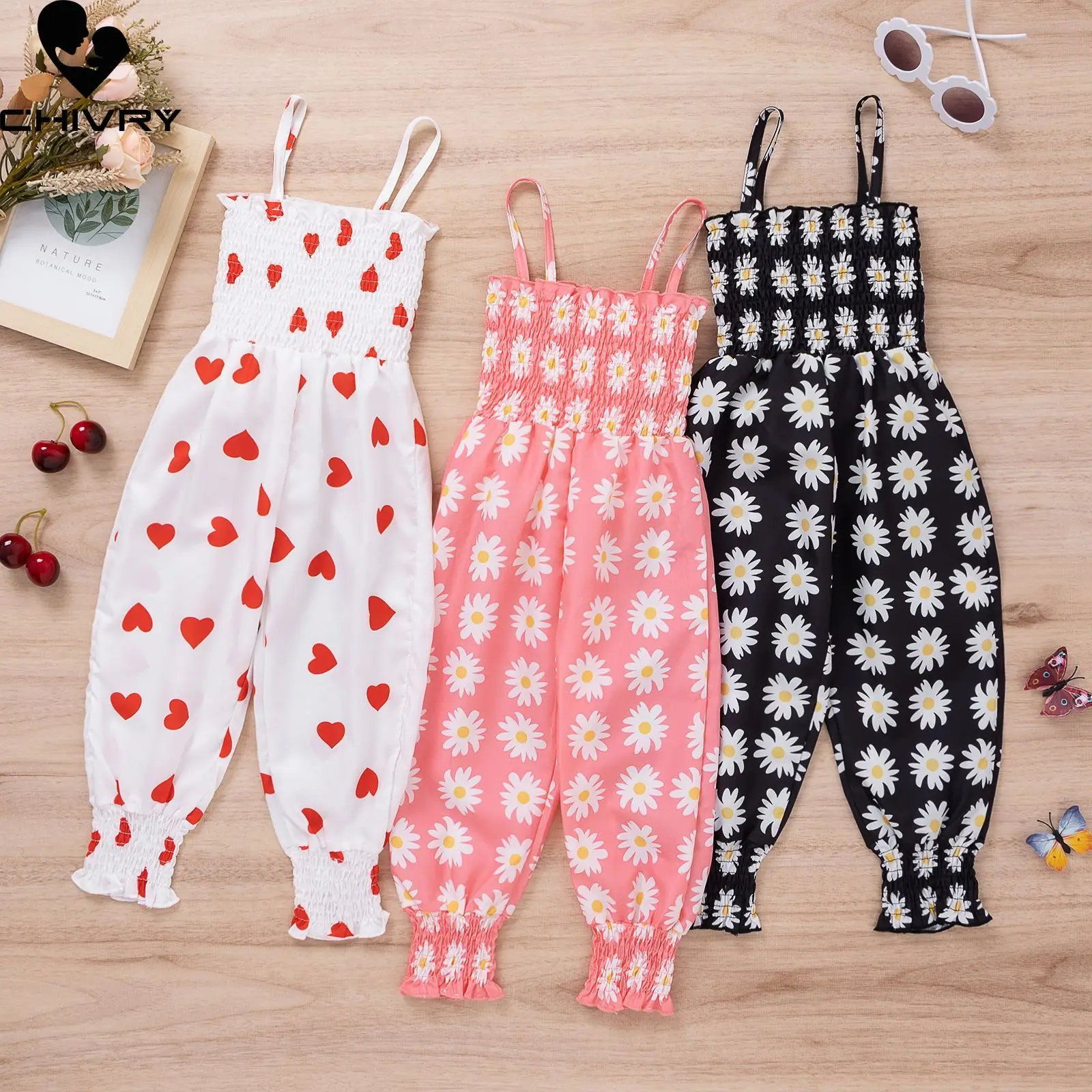 

Girls Fashion Jumpsuits Summer 2022 Kids Girls Sleeveless Floral Heart Print Jumpsuits Rompers Children Playsuits