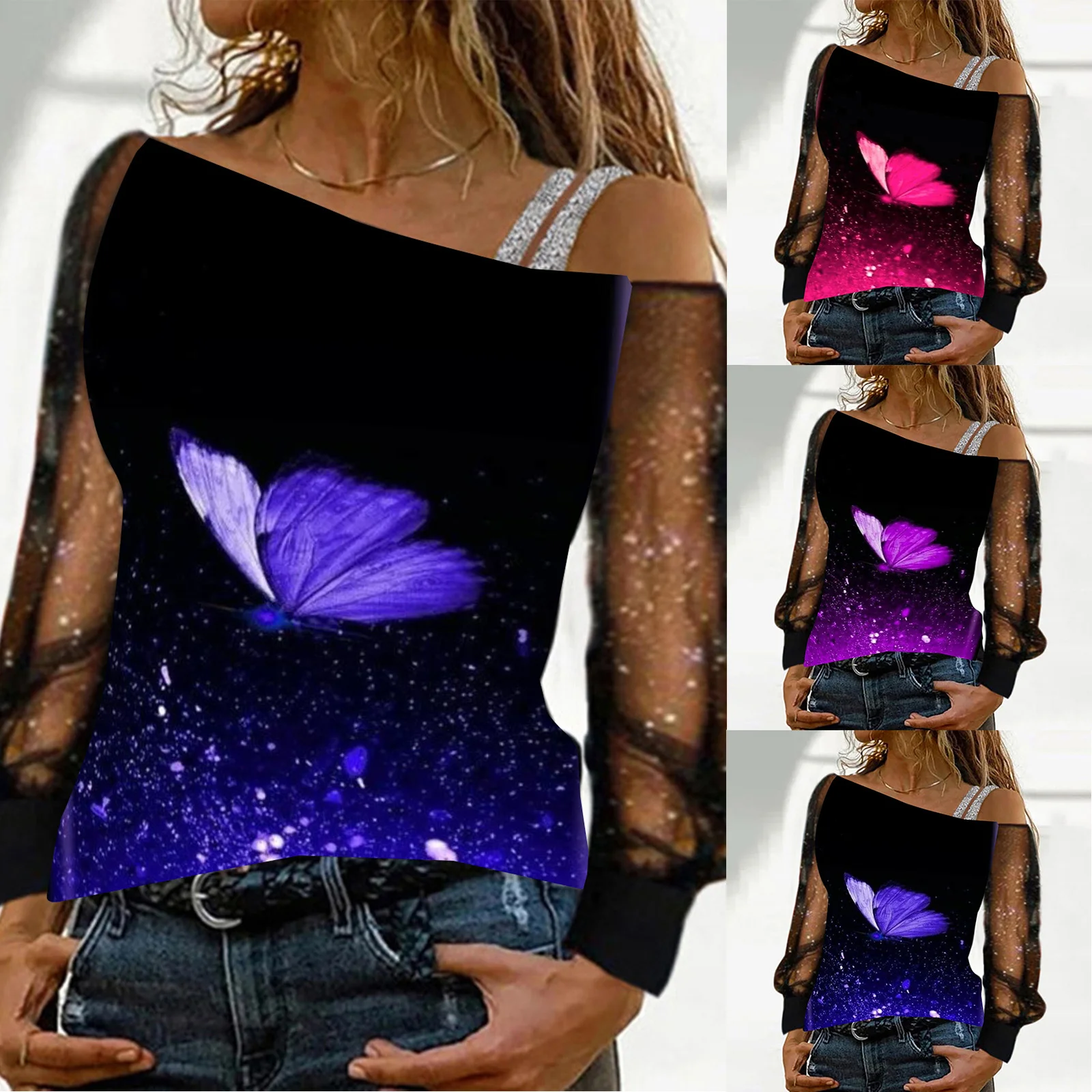 

Women Fashion Top Blouse Sequin Butterfly Print Mesh Long Sleeve Cold Korean version Mujer Camisetas All- Sportswear