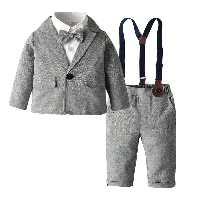 

Baby Boy's Blazer Children's Gentleman Suit Three-piece Autumn Handsome Boy Light Gray Pure Color Coat Winter